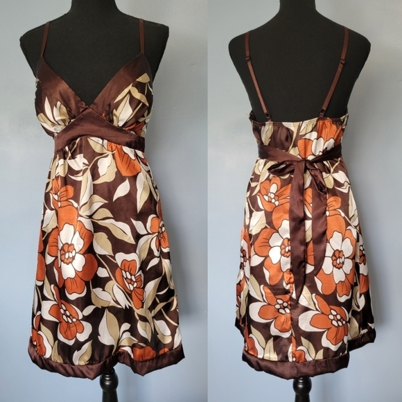 Vntg Heart Soul 90's Floral Print Satin Dress  Small Brown - Picture 1 of 14